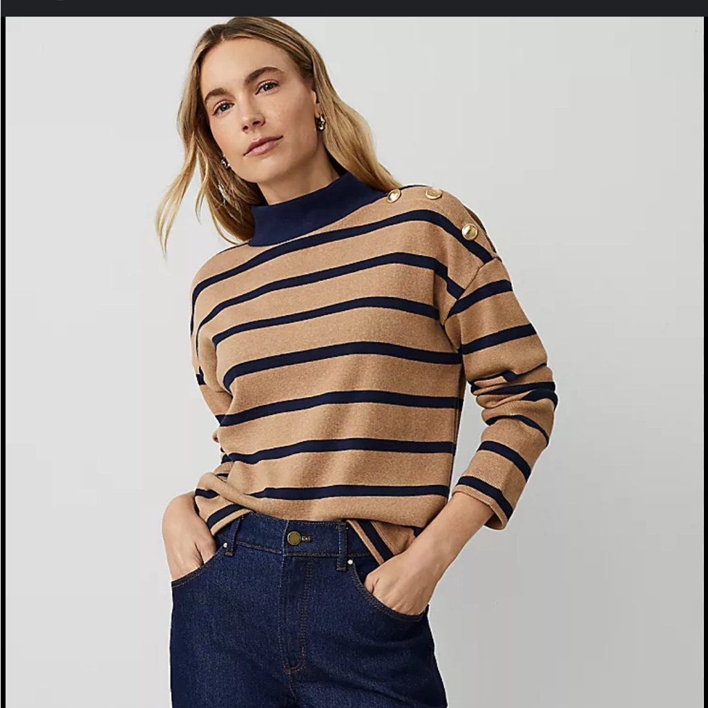Ann Taylor Weekend Cotton Ribbed Mock Neck Gold Button Shoulder Top Size Small